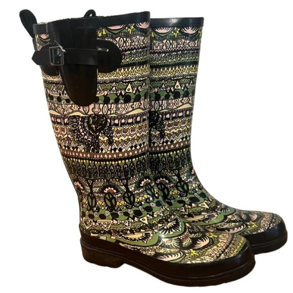 Sakroots Womens Size 7 Rhythm Knee High Bohemian All Over Print Rainboots - Picture 1 of 5